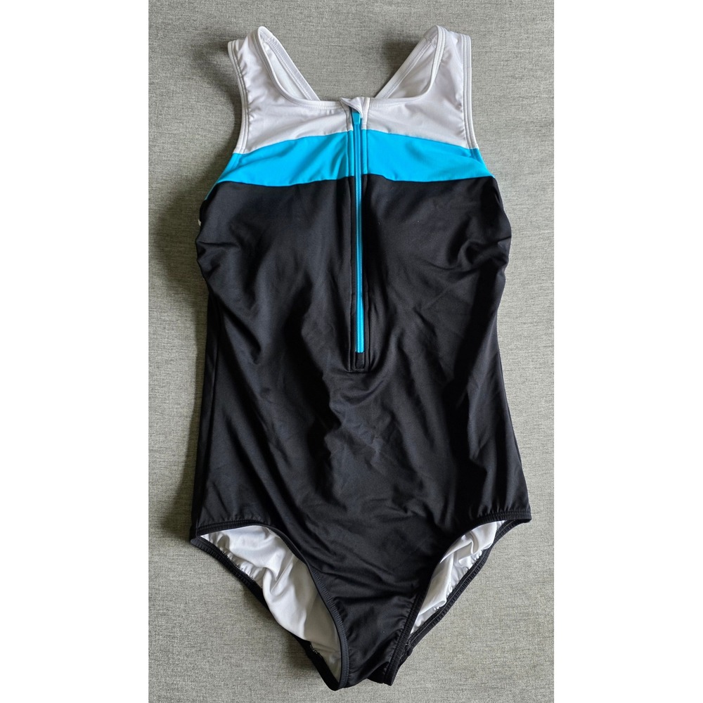 Lands End Womens One Piece Swimsuit Size S Colorblock Front Zip Racerback Black